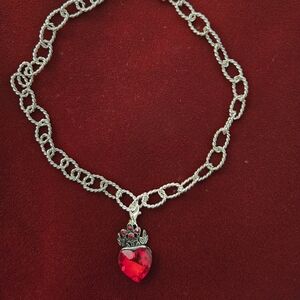 Silver Chain Necklace with Red Heart Pendant